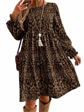 Leopard Print Long Sleeve Tiered Dress in Brown